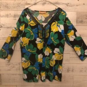 Ellen Tracy Floral Beaded Neckline Top in Large